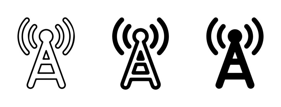 Radio Tower Icons Set, Communication Antenna Symbols, Signal Transmission Vector Graphics