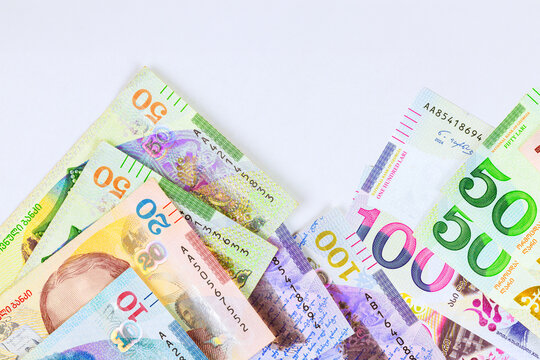 Several different denominations Georgian banknotes lari national a money