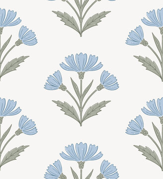 Seamless floral pattern in a block print style with hand-drawn blue wildflowers. Perfect for textiles, wallpaper, wrapping paper, and stationery.