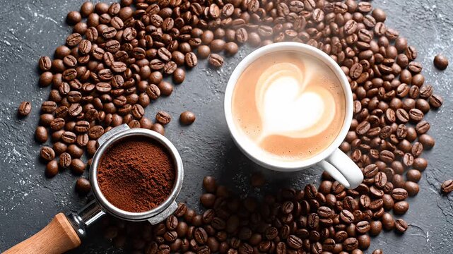 Close up of coffee beans with cup of latte and portafilter