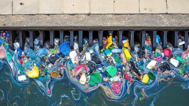 Storm drain clogged with floating plastic waste and foam, causing severe water pollution in an urban environment