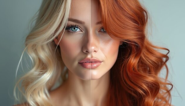 Split portrait shows woman with blonde hair on left and copper hair on right. Both styles feature soft waves. Shows versatility in hair color.