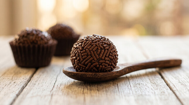 Traditional chocolate brigadeiro on a rustic wooden spoon