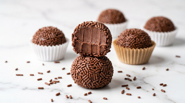 Bitten creamy chocolate brigadeiro stacked on marble background