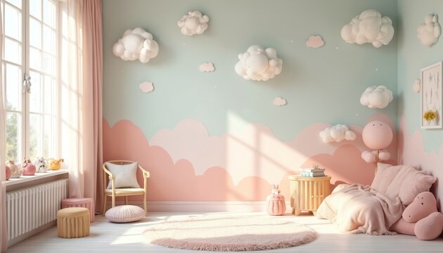 Childrens playroom decor with clouds pastel colors. Soft furnishings plush toys on shelf and bed. Light airy room with sunny window, cute chair and rug. Imaginative kid space design.