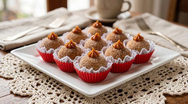 Churros flavor brigadeiros with dulce de leche topping on white plate