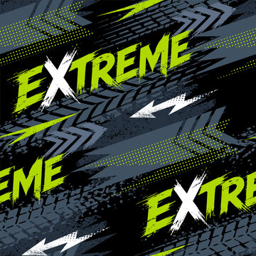 Abstract seamless grunge pattern for boy. Urban style modern background with trace of tire, lightning, dots. Drive and speed modern creative wallpaper for guys.