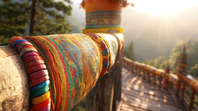 Vibrant Hand-Woven Textiles Adorning a Rustic Mountain Bridge with Warm Sunlight