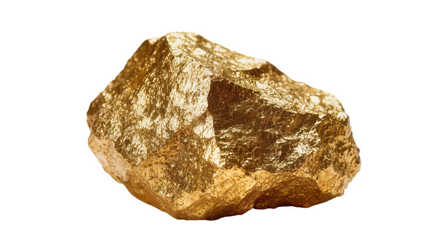 Isolated precious gold nugget, rough unrefined metallic mineral rock with bright shiny surface