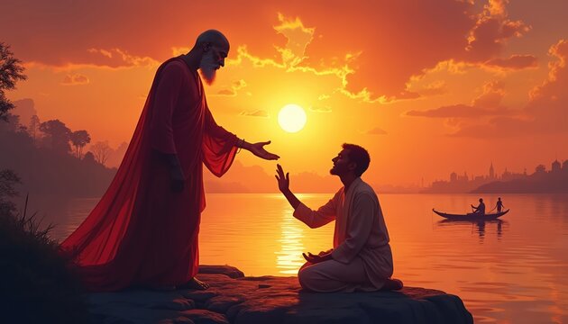 Elderly guru gives blessing hand to kneeling disciple by river at sunset. People in boat, city skyline in background. Spiritual guidance, respect, gratitude, wisdom sharing at dusk.