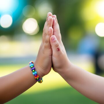 Children Hands Giving High Five Outdoors in Sunny Park