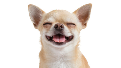 Isolated happy chihuahua dog portrait, eyes closed and tongue out, joyful funny pet smiling widely © David