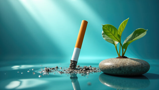 Cigarette butt extinguished in ash next to a green plant growing from a stone on an aqua water surface. Quit smoking and No Tobacco Day concept. Copy space for text