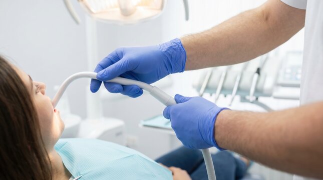 Dentist hands in blue gloves holding a saliva ejector in a female patient mouth at a clinic