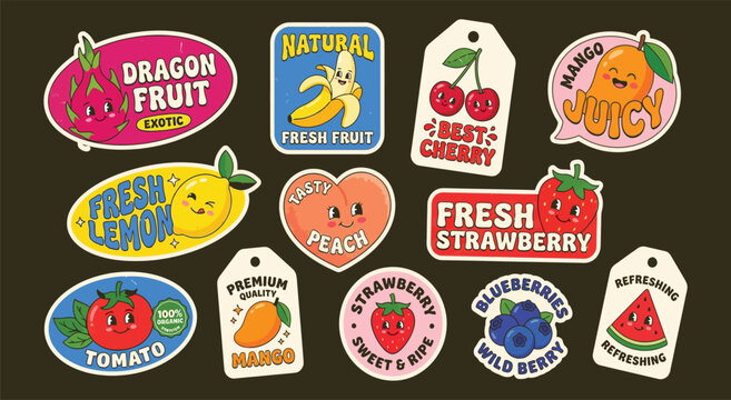 Set of retro fruit mascot stickers. Vintage cute cartoon smiling food characters and labels collection.