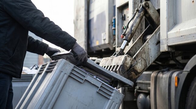Worker wearing gloves lifting a heavy plastic recycling bin into the back of a garbage truck
