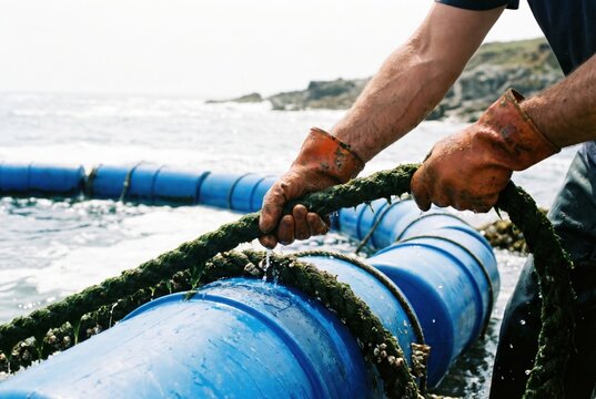 Fisherman wearing orange gloves pulling a thick rope attached to blue floating barrels in the ocean