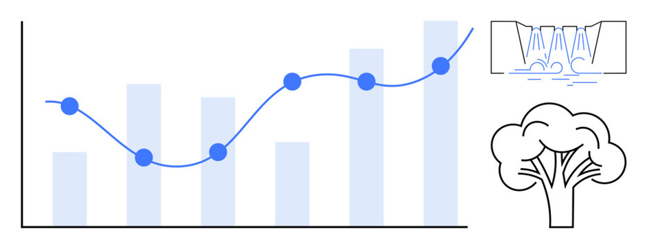 Business growth, sustainability, green energy, analytics, eco-awareness, natural resource management. A bar chart with a line graph, waterfall sketch and tree. Highlights analytics