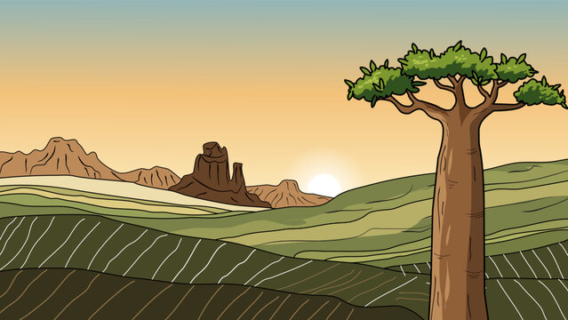Lush African Wilderness Landscape with Ancient Baobab Tree and Distant Mountains, Scenic Nature Background for Environment Conservation and Global Travel Vector Illustration