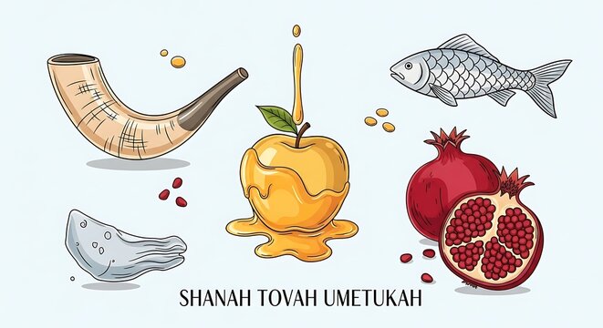 Festive Rosh Hashanah Symbols Arranged on Light Blue Greeting Card