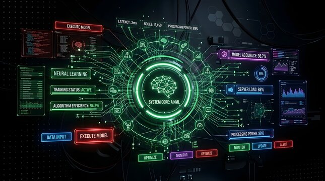 Futuristic digital interface displaying advanced artificial intelligence algorithms and neural network processing for complex data analysis and cognitive computing