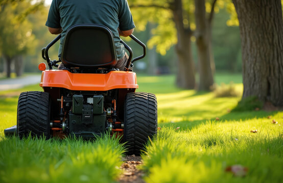 Man drives orange tractor lawn mower on green grass. He cuts grass in park or garden. Trees and sunlight in background. Lawn care service working.