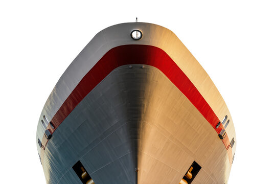Isolated front view of a large modern cruise ship's bow with a distinctive red stripe
