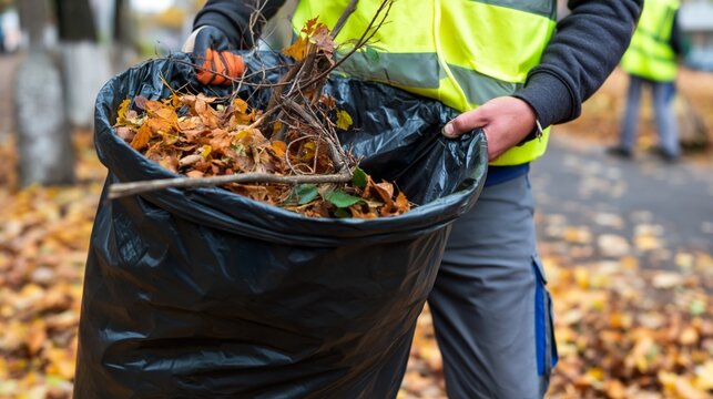 Worker in high-visibility vest and gloves collecting fallen autumn leaves and garden waste into a large black bag, keeping park pathways clean and tidy during fall