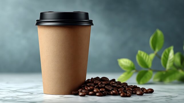 Disposable paper coffee cup with black lid standing next to roasted coffee beans and fresh green leaves on marble surface providing a clean aesthetic for cafe branding and beverage marketing
