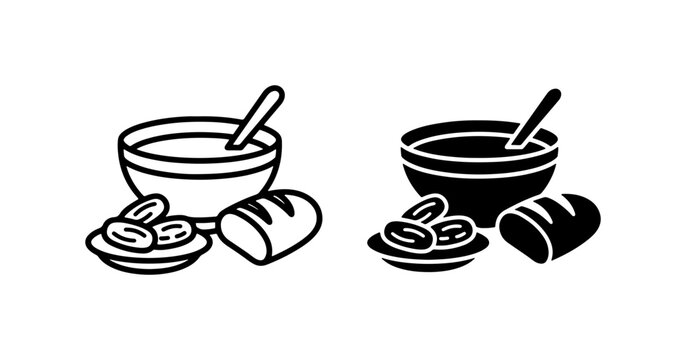 Breakfast Icons: Cereal Bowl, Bread, Fruit. Simple Food Graphics