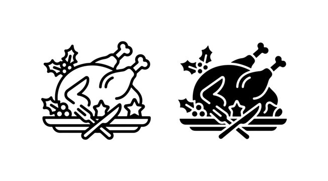 Roast Turkey Icons, Festive Holiday Meal Graphics, Thanksgiving Dinner Vector Art