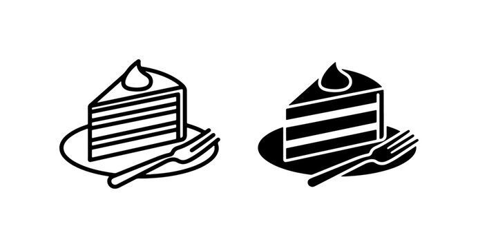 Dessert Icons: Cake Slice with Fork, Vector Graphics for Food and Cafe
