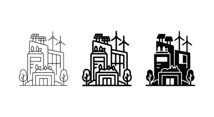 Eco-Friendly Building Icons: Sustainable Architecture, Renewable Energy, Green City © Tanveer
