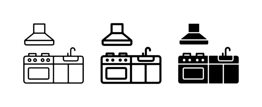 Kitchen Icons Set: Stove, Sink, Range Hood, Vector Graphics