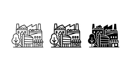 Naklejka premium Industrial Factory Buildings Icons Set, Urban Cityscape Vector Graphics