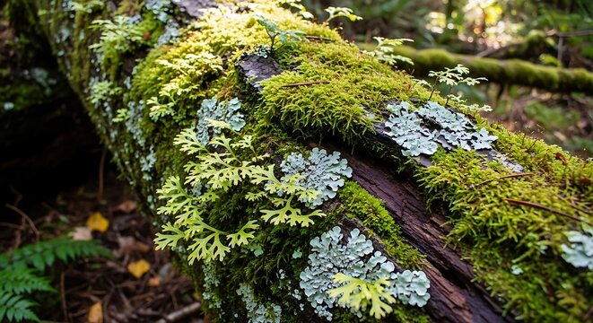 Vibrant Moss and Lichen Growing on Fallen Log in Shaded Forest