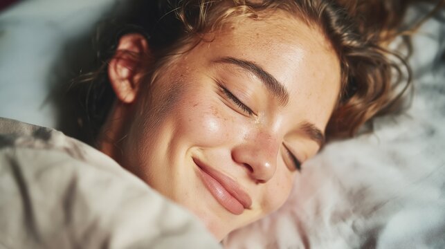 Young woman sweetly sleeping in bed, dreaming peacefully with a soft smile and natural glowing skin feeling comfortable and restful in the morning light
