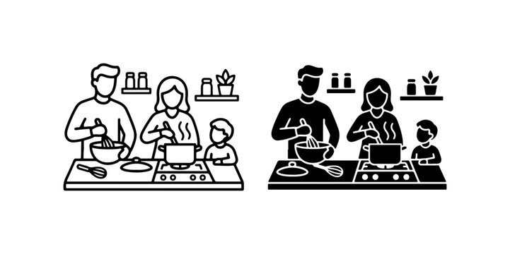 Family Cooking Together, Kitchen Scene, Healthy Lifestyle Icons