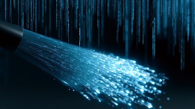Fiber optic cable. Shown in close up. Is expanding into numerous glowing light streams. Symbolizing high speed data transfer and telecommunication technology against a backdrop of digital binary code