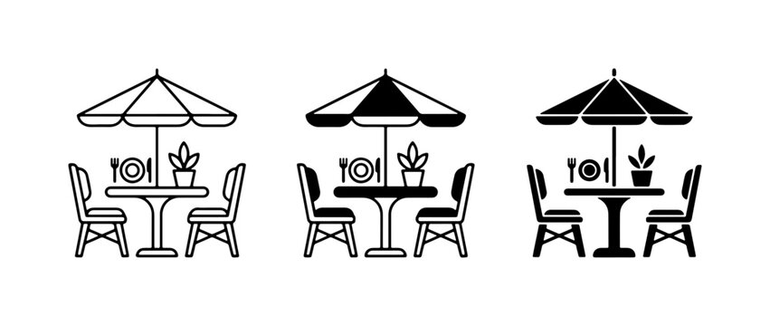 Outdoor Dining Icons: Cafe Table, Chairs, Umbrella, Plant, Place Setting