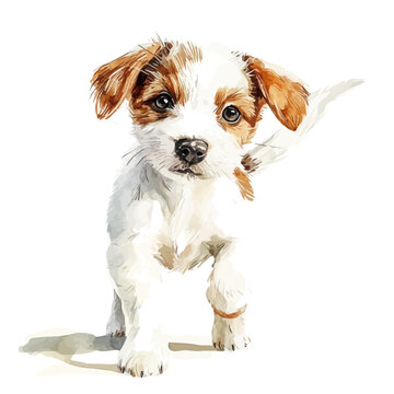 Puppy Wagging Its Tail, vector watercolor, clipart, isolated on a white background.