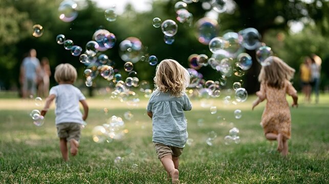 Three playful children running barefoot on green grass, chasing colorful soap bubbles in a park, enjoying a day of carefree fun and childhood happiness outdoors