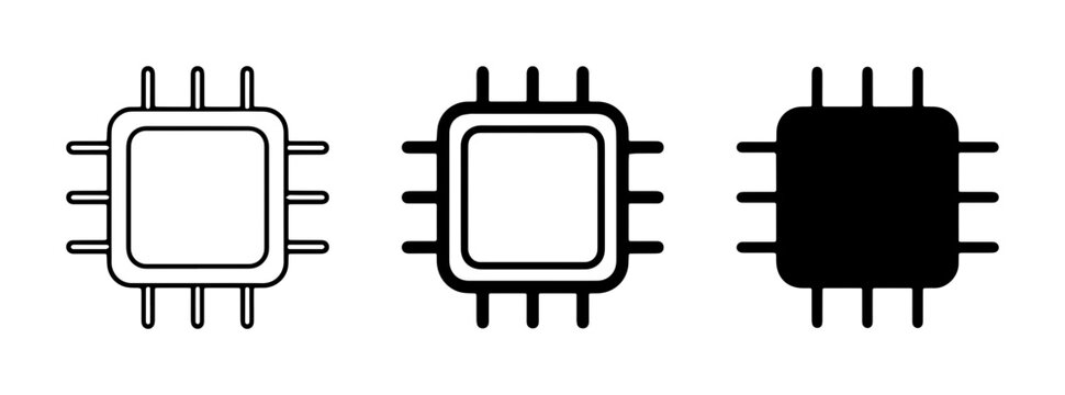 Microchip Icons Set, Computer Processor Symbols, Electronic Component Graphics, Technology Data Processing