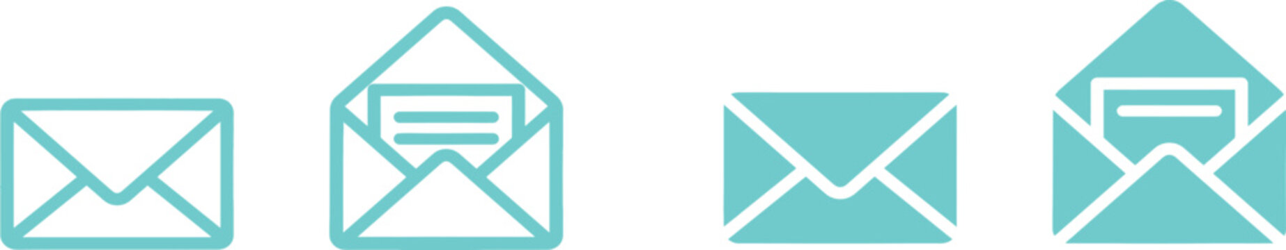 Four envelope icons showing closed and open mail, isolated on transparent background.