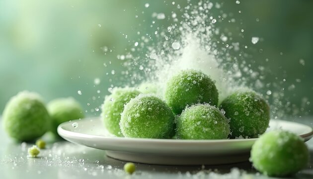 Green pandan balls coated in sugar on white plate. Sticky coconut dessert with palm sugar filling. Sweet snack served with fresh mint leaves.