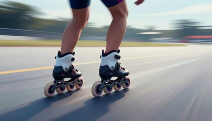 Fototapeta premium Roller skater moving quickly on paved path during sunny day 