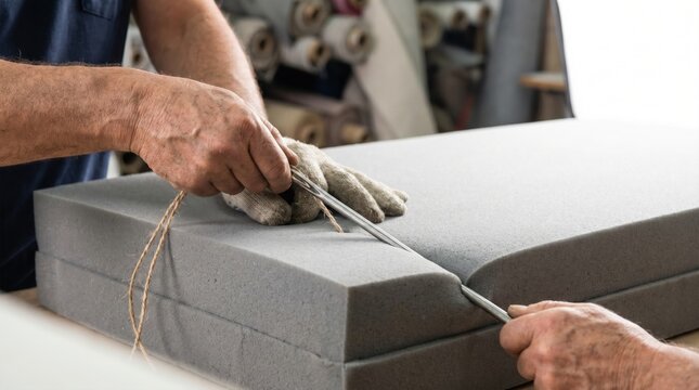 Craftsman hands using string to cut thick gray foam for furniture upholstery in workshop