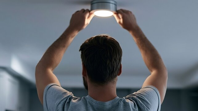 Man reaching up, carefully installing a modern led downlight fixture into the ceiling, performing home improvement and maintenance in a residential interior setting
