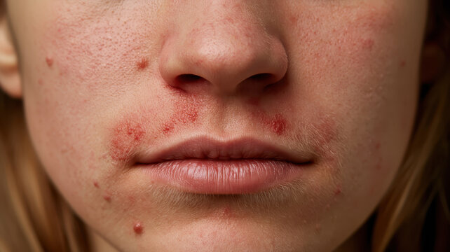 Young woman's face with pronounced inflammatory acne  papules, pustules and redness across cheeks, chin and nose, close up showing textured, irritated skin and blemishes