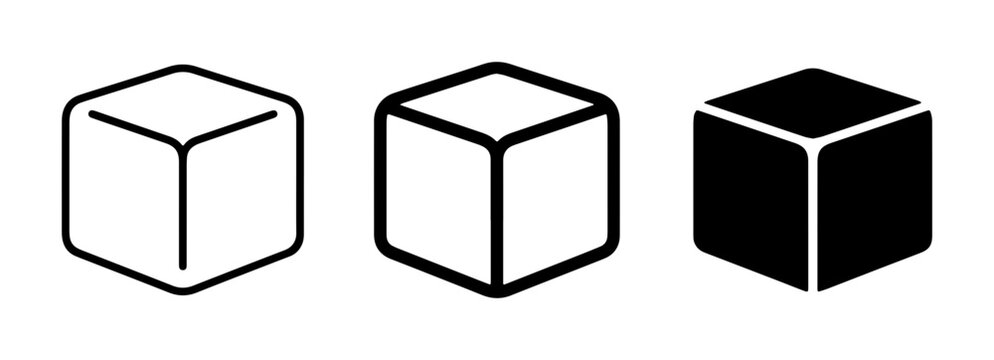 Three Cube Icons: Outline, Filled Outline, Solid Black, Geometric Shapes, Minimalist Design Elements, Versatile Graphic Resources